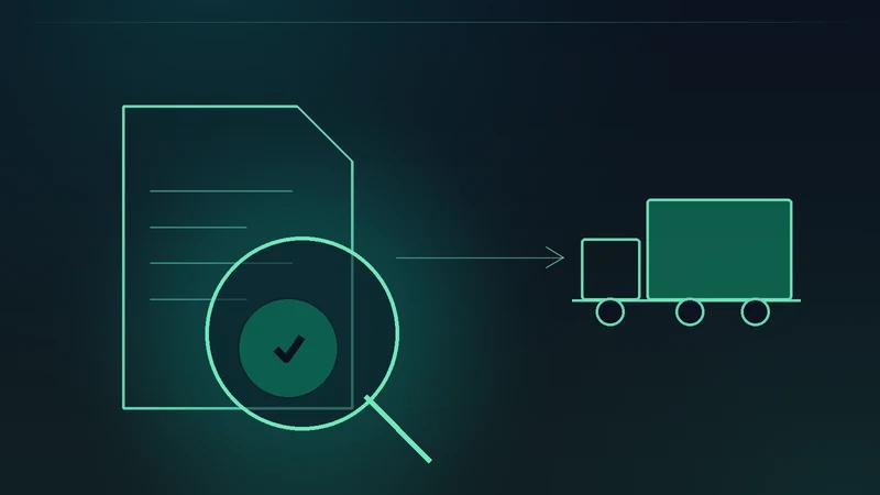 Ilustración de una lupa revisando un documento de autorización junto a un camión de transporte, en la paleta verde de Ambiental
