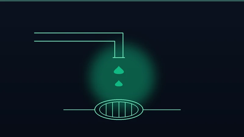 Ilustración de un tubo que descarga agua en una rejilla de alcantarillado, con una gota de agua, representando la descarga de aguas residuales al drenaje municipal, en la paleta verde de Ambiental