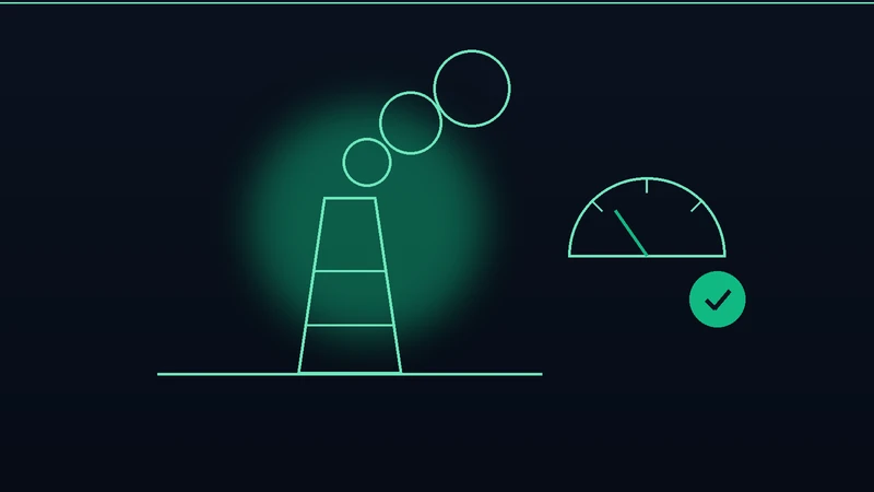Ilustración de una chimenea industrial con bocanadas de humo junto a un medidor con una marca de verificación, representando la medición de emisiones a la atmósfera, en la paleta verde de Ambiental