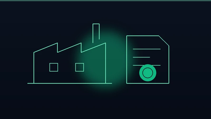Ilustración de una nave industrial con chimenea junto a un documento con un sello circular, representando la Licencia Ambiental Única, en la paleta verde de Ambiental