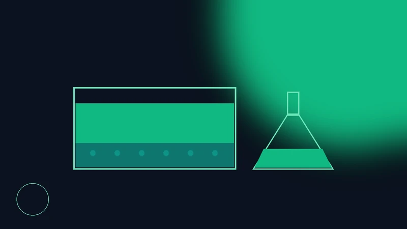 Ilustración de un clarificador de planta de tratamiento con una capa de lodo en el fondo y un matraz de laboratorio al lado, en la paleta verde de Ambiental
