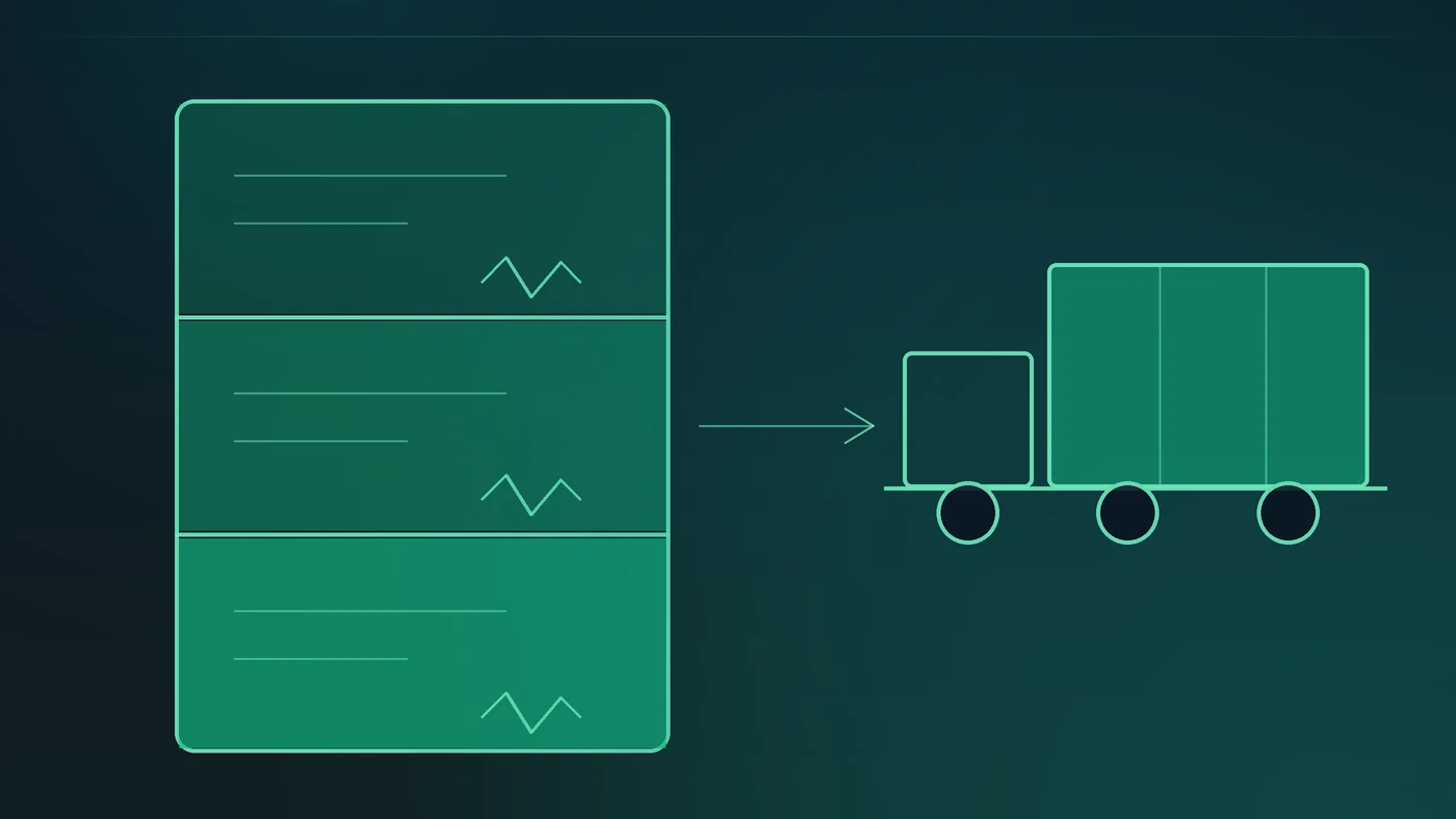 Ilustración de un formato con tres secciones y un camión de transporte, en la paleta verde de Ambiental