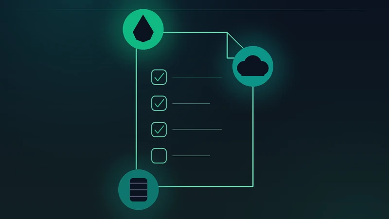 Ilustración de un documento con casillas de verificación rodeado de tres insignias — una gota de agua, una nube y un tambor — representando los distintos permisos ambientales, en la paleta verde de Ambiental
