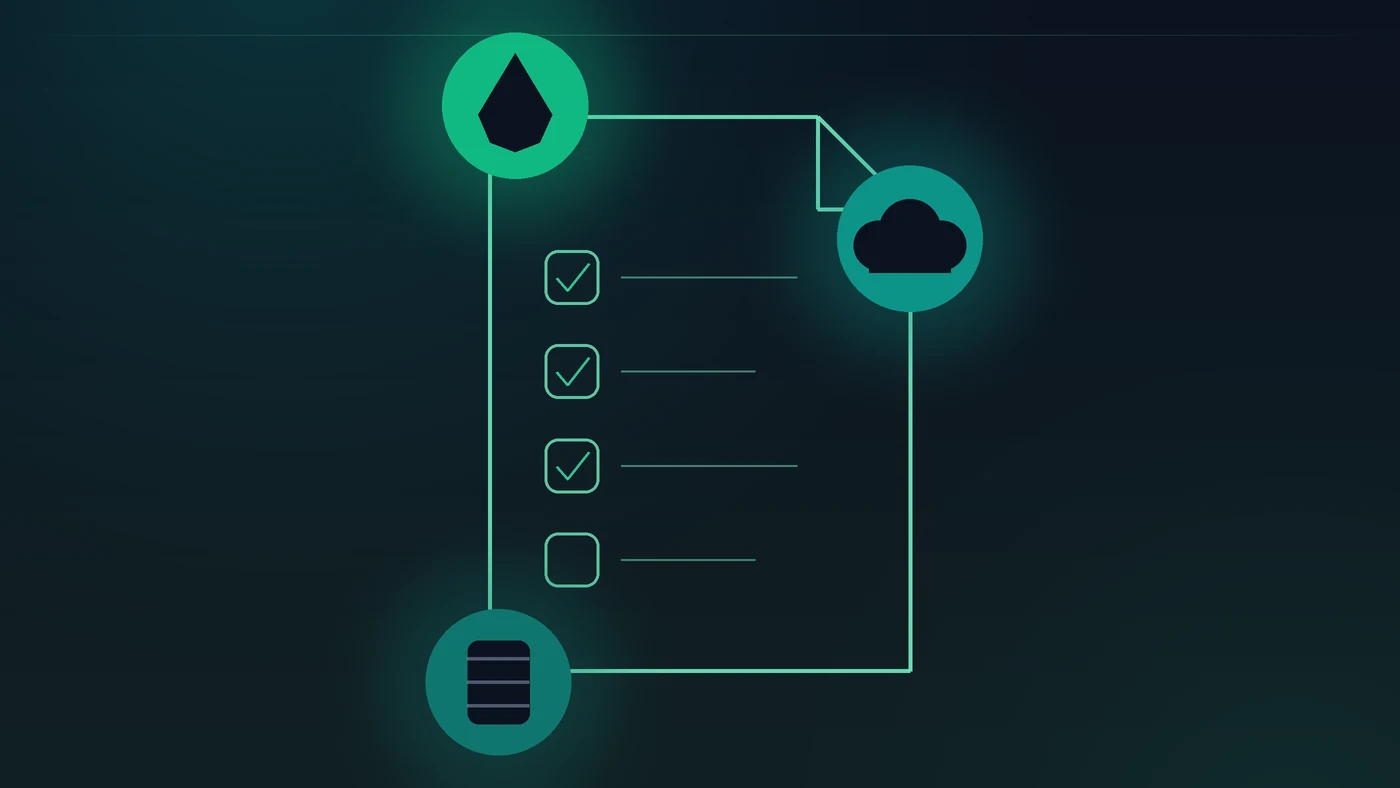 Ilustración de un documento con casillas de verificación rodeado de tres insignias — una gota de agua, una nube y un tambor — representando los distintos permisos ambientales, en la paleta verde de Ambiental