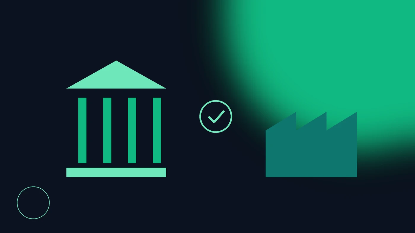 Ilustración de un edificio bancario con columnas conectado a una planta industrial por un documento con marca de verificación, en la paleta verde de Ambiental