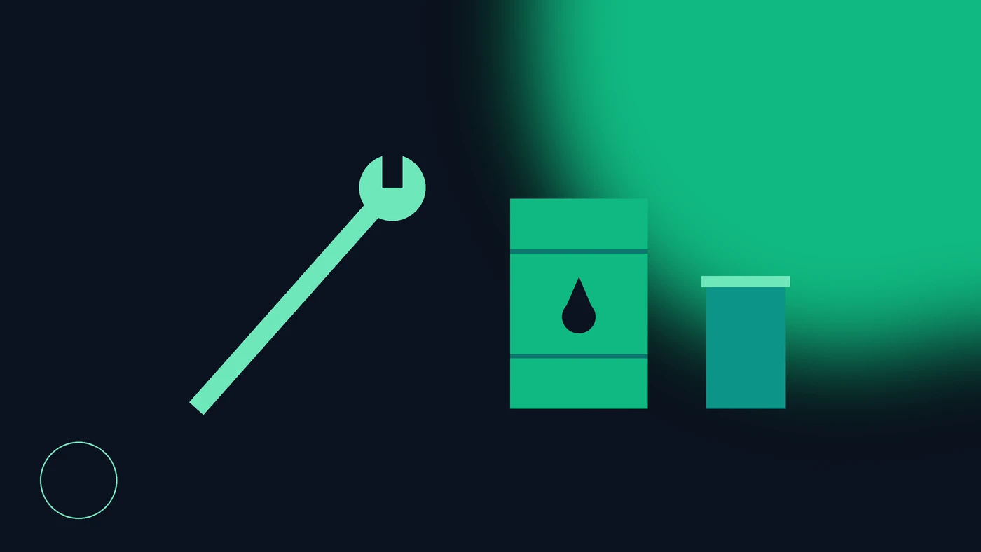 Ilustración de una llave mecánica, un tambo de aceite usado y un filtro, con un símbolo de advertencia, en la paleta verde de Ambiental
