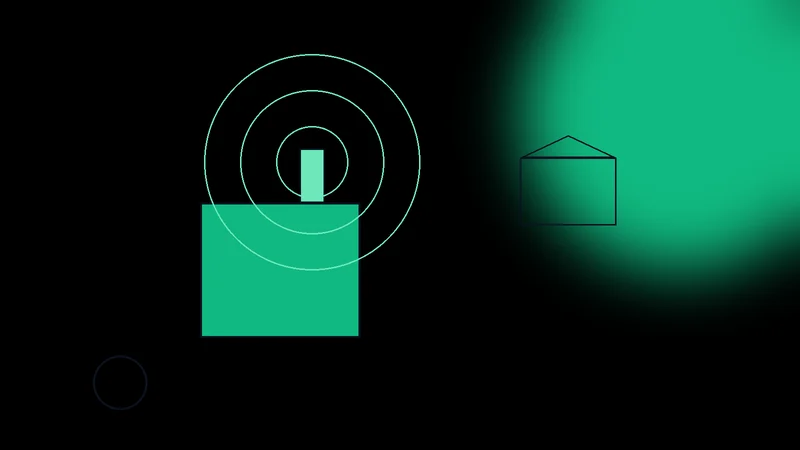 Ilustración de una planta industrial emitiendo ondas de sonido hacia las casas vecinas, con símbolos de medición de decibeles, en la paleta verde de Ambiental